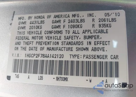 2010 Honda Accord 2.4 Ex z USA, uszkodzony, nr VIN 1HGCP2F78AA142120